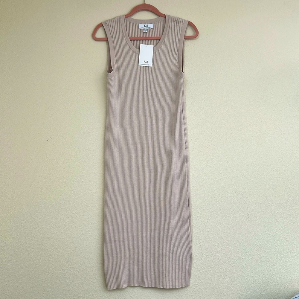 Magaschoni - Light Taupe Ribbed Crew Sleeveless Midi Dress -  XL